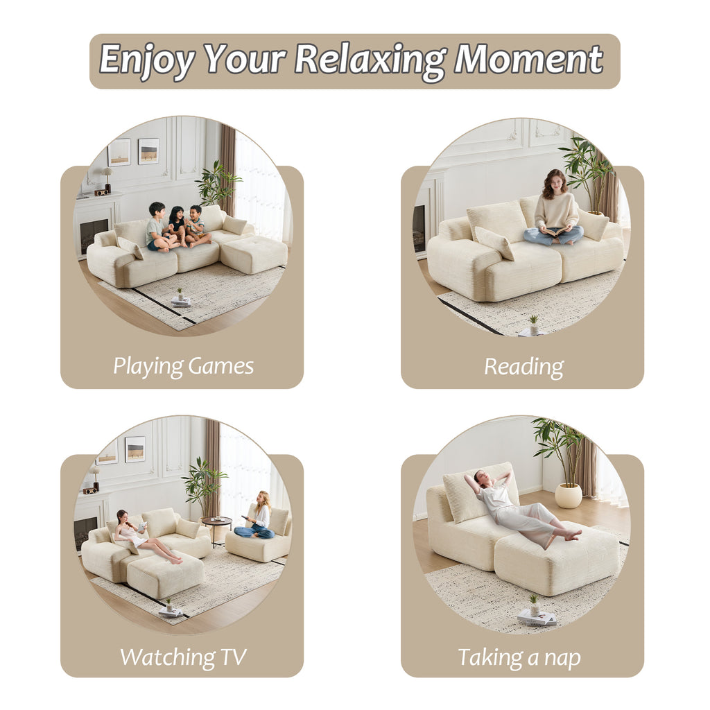 Modern Memory Foam Compressed Sofa,Large Sectional Couches For Living Room,Pet-Friendly Cloud Modular Sectional Sofa,Corduroy Fabric,Extra Deep Loveseat,No Assembly Required, BEIGE