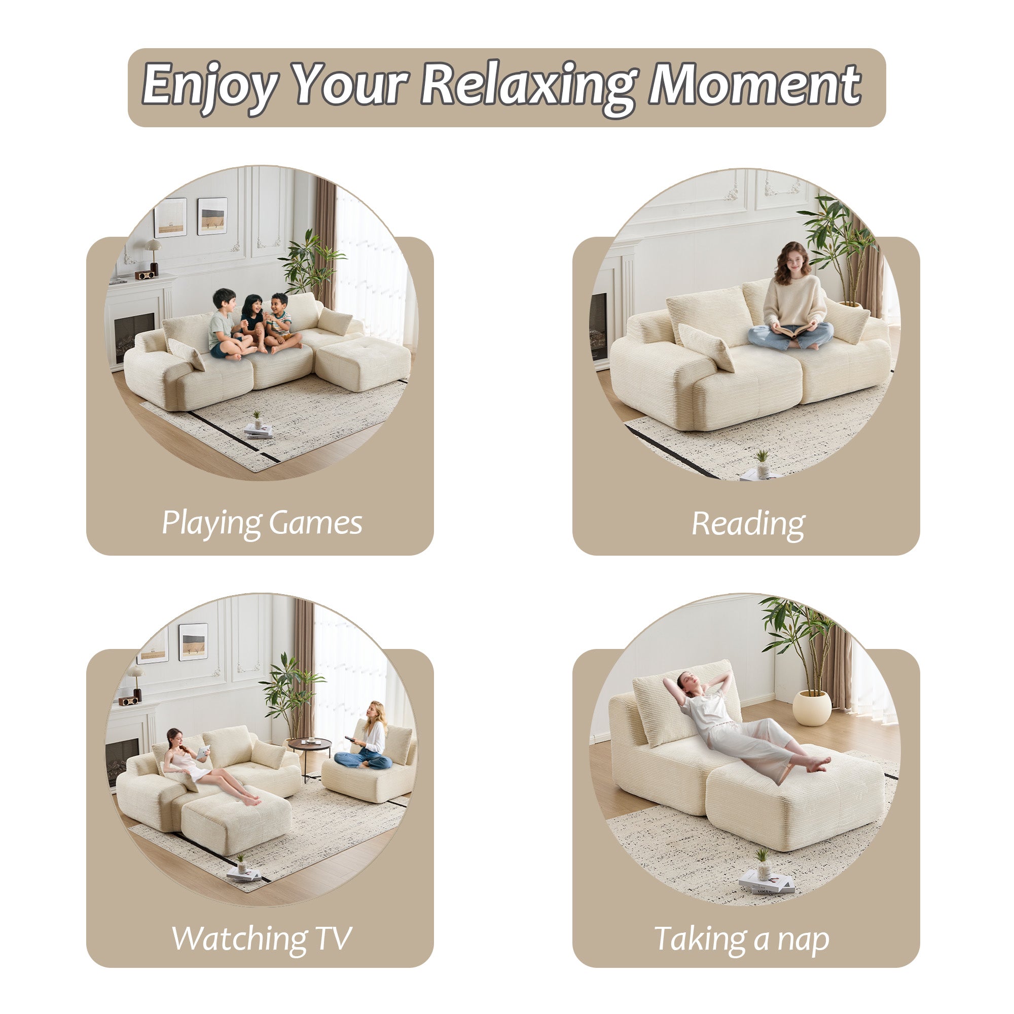 Modern Memory Foam Compressed Sofa,Large Sectional Couches For Living Room,Pet-Friendly Cloud Modular Sectional Sofa,Corduroy Fabric,Extra Deep Loveseat,No Assembly Required, BEIGE