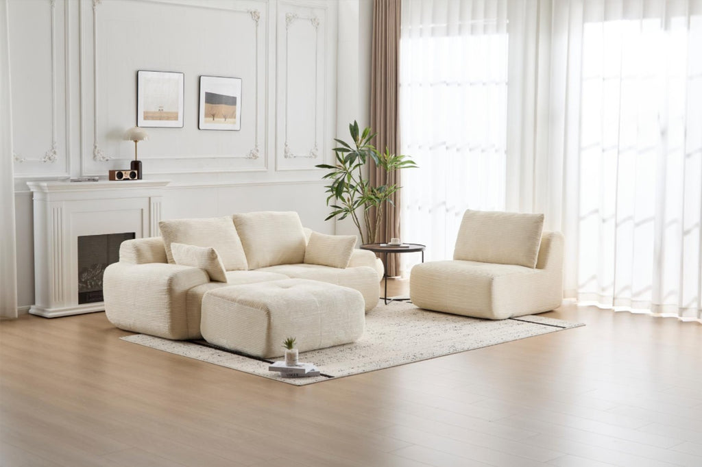 Modern Memory Foam Compressed Sofa,Large Sectional Couches For Living Room,Pet-Friendly Cloud Modular Sectional Sofa,Corduroy Fabric,Extra Deep Loveseat,No Assembly Required, BEIGE