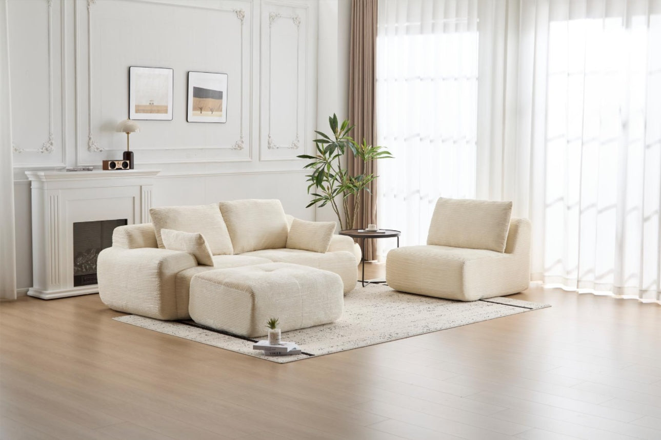 Modern Memory Foam Compressed Sofa,Large Sectional Couches For Living Room,Pet-Friendly Cloud Modular Sectional Sofa,Corduroy Fabric,Extra Deep Loveseat,No Assembly Required, BEIGE