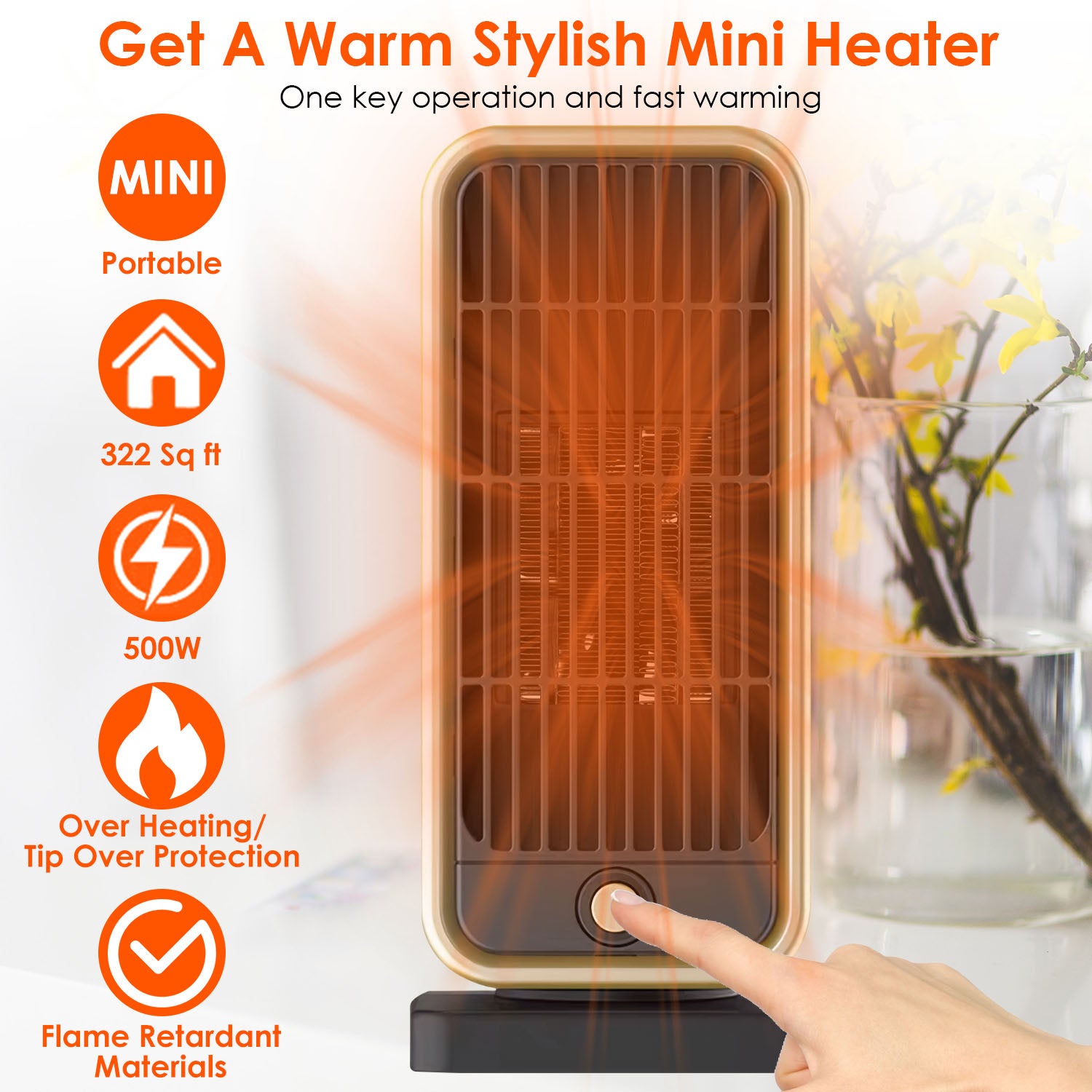 1Pc 500W Portable Electric Heater PTC Ceramic Heating Space Heater Overheating Tip Over Protection 3S Heating Space For 322 Sq FT Home Office Use