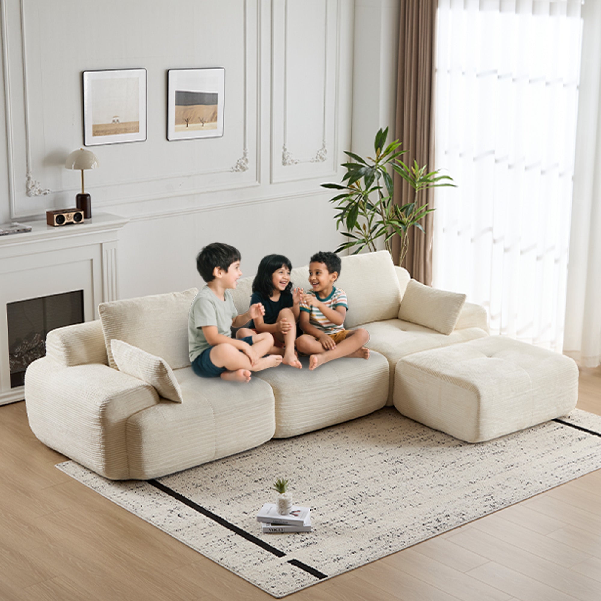 Modern Memory Foam Compressed Sofa,Large Sectional Couches For Living Room,Pet-Friendly Cloud Modular Sectional Sofa,Corduroy Fabric,Extra Deep Loveseat,No Assembly Required, BEIGE